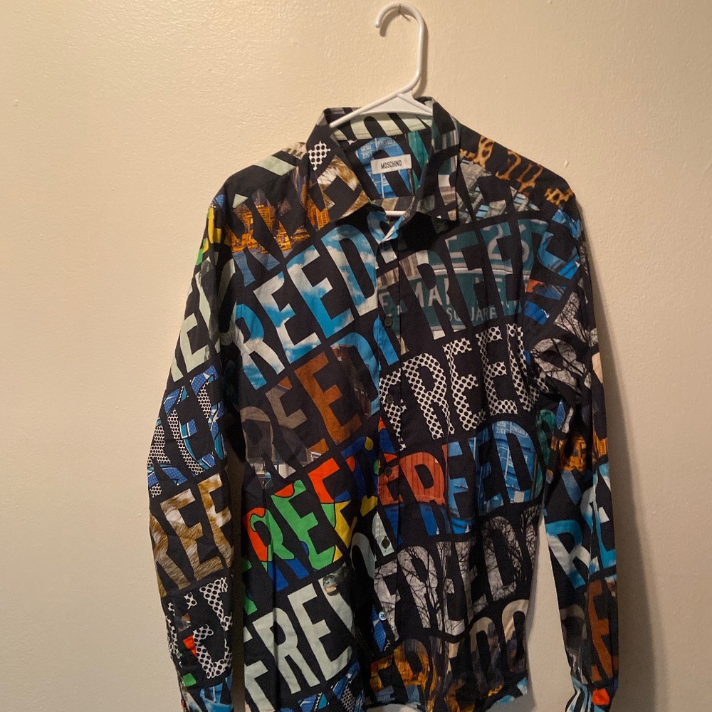 Moschino button down with freedom logo all over